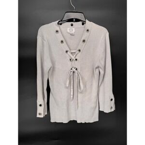 Just B Top Women XL Silver Metallic Grommet Lace Up Ribbed Knit 3/4 Sleeve